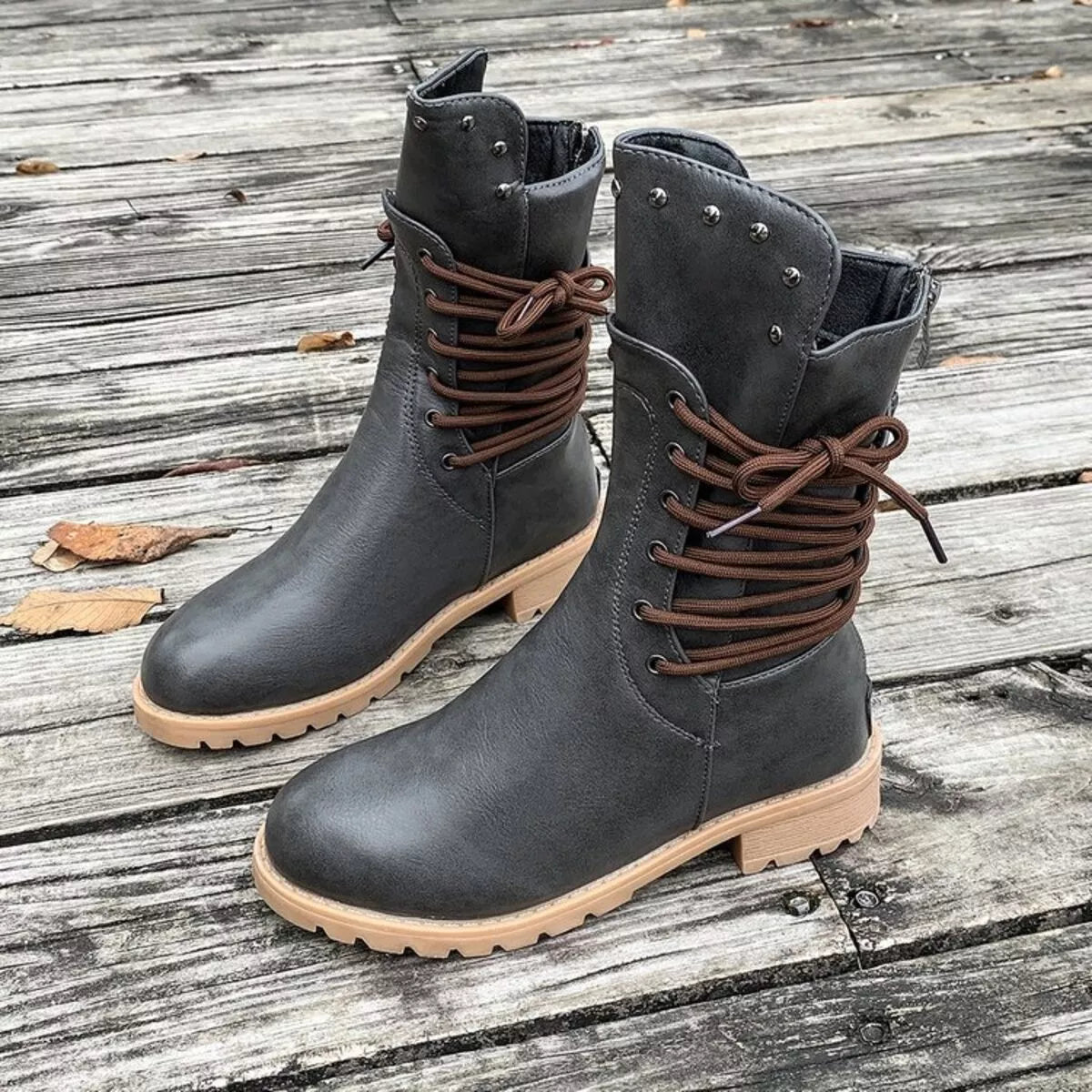 Lace Up Block Heels Boots - Dark Gray - View 5