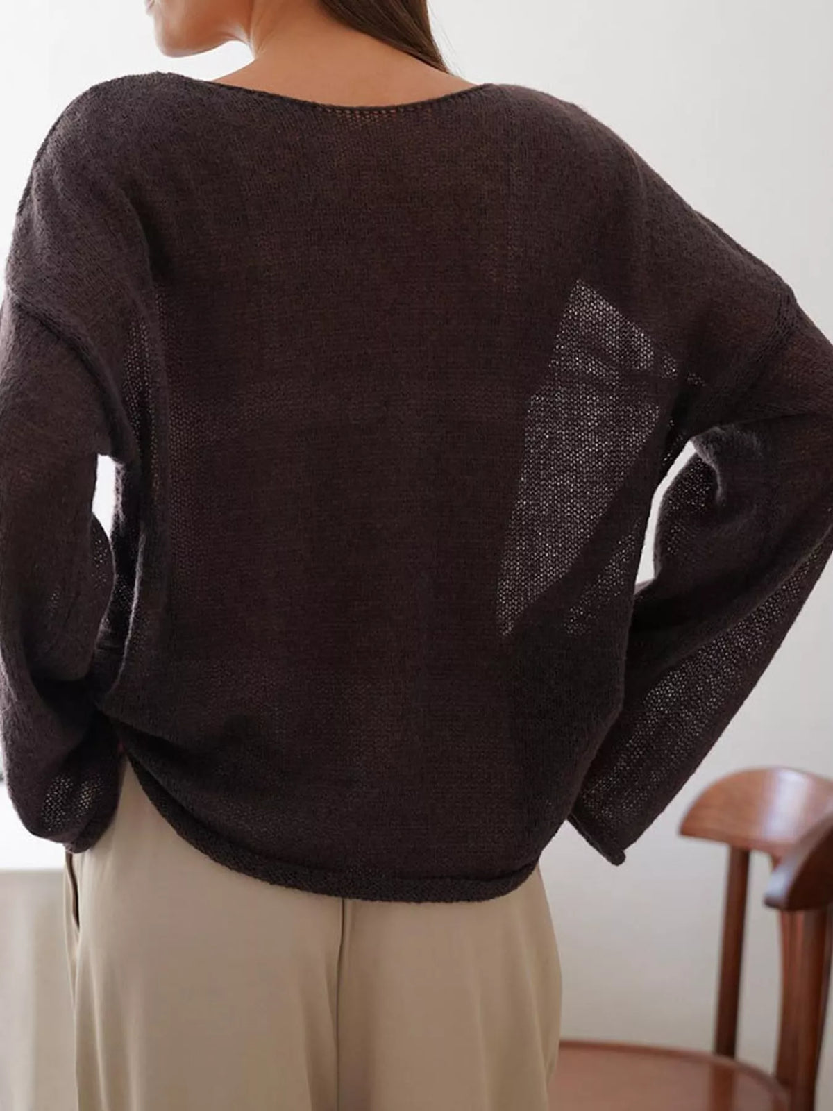 Lightweight Dropped Shoulder Knit Cover Up - Brown - View 8