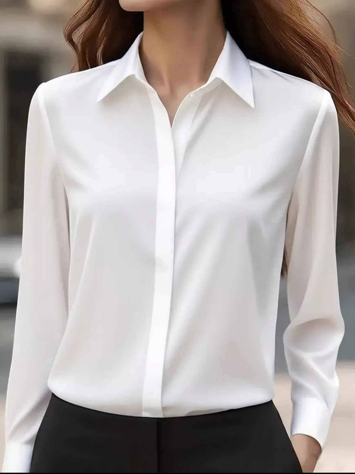 Button Down Collared Neck Long Sleeve Shirt - White - View 1