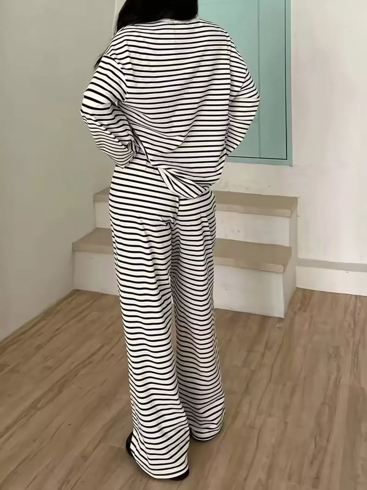 Striped Long Sleeve Top and Pants Set - Black - View 4