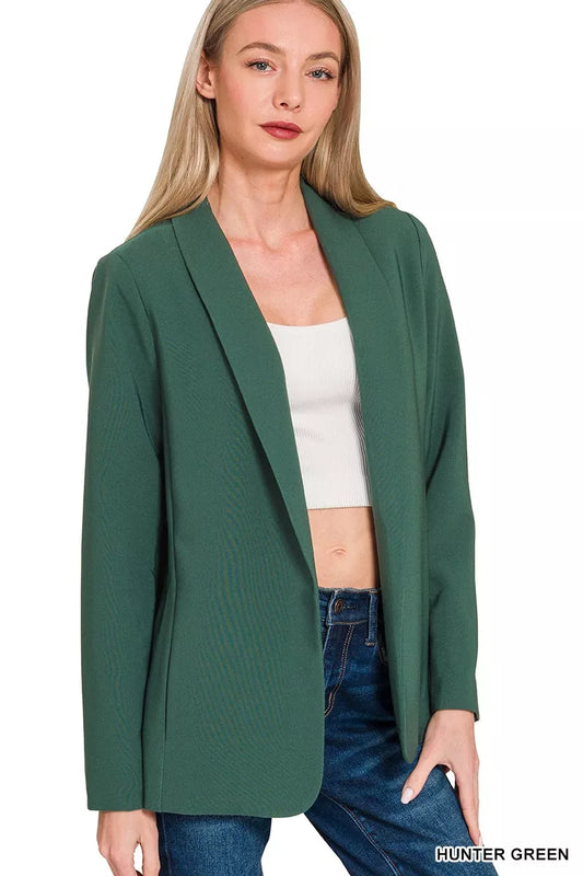 Zenana Woven Long Sleeve Blazer With Lining - HUNTER GREEN - View 1