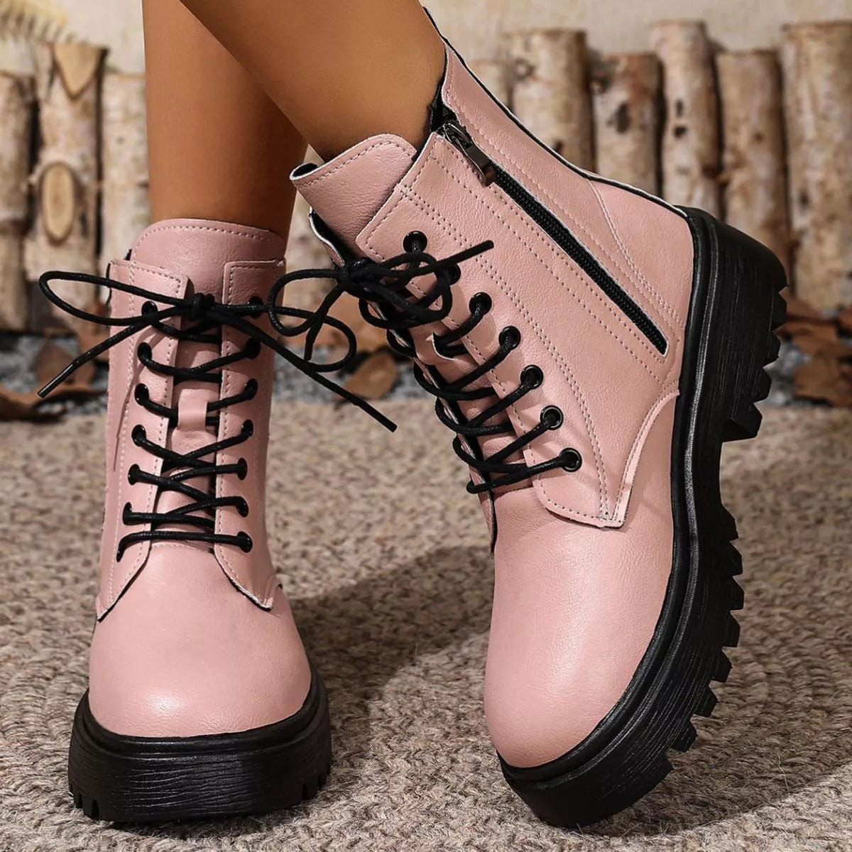 Round Toe Block Heels Boots - Pink - View 8