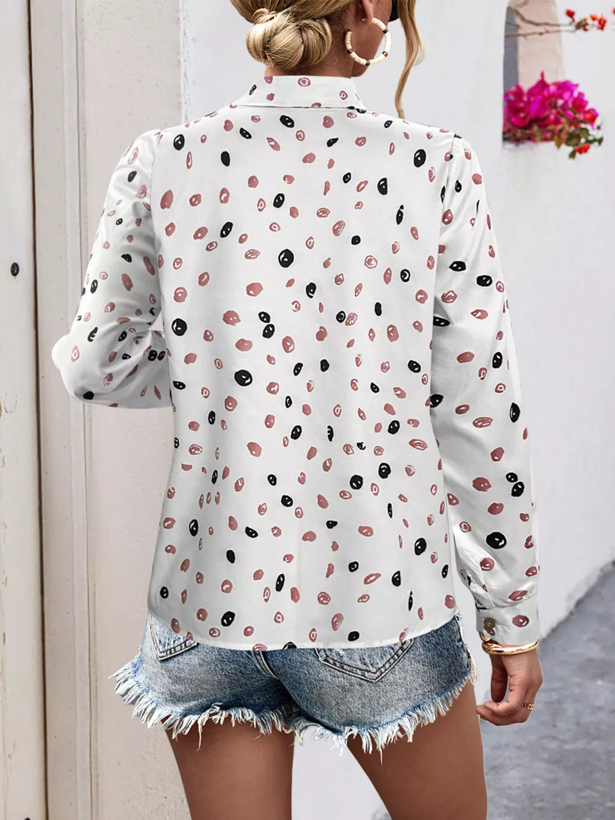 Printed Button-Down Long Sleeve Shirt - White - View 3