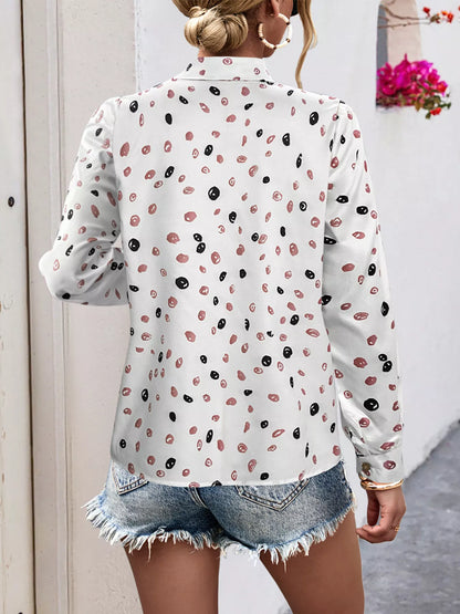 Printed Button-Down Long Sleeve Shirt - White - View 3
