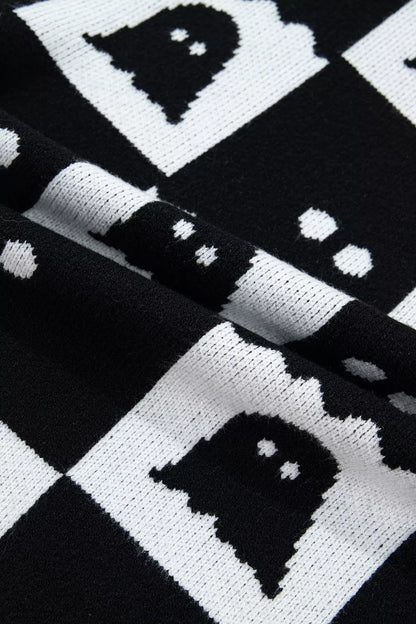 Halloween Ghost Pattern Checkerboard Sweater - Black - View 13