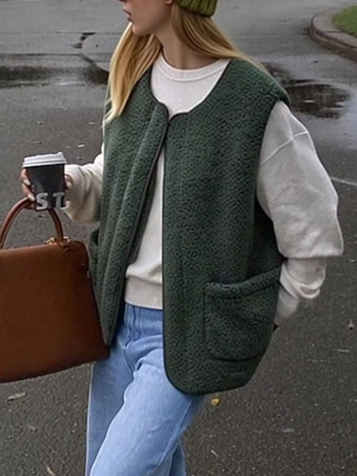 Sherpa Sleeveless Vest Coat - Dark Green - View 15