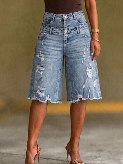 High-Waisted Distressed Denim Capris - Blue - View 3