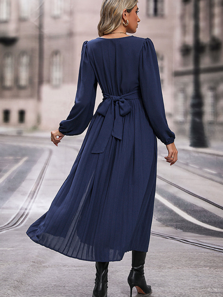 Perfee V-Neck Long Sleeve Pleated Slit Dress - Dark Blue - View 2