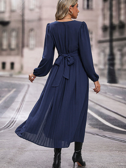 Perfee V-Neck Long Sleeve Pleated Slit Dress - Dark Blue - View 2
