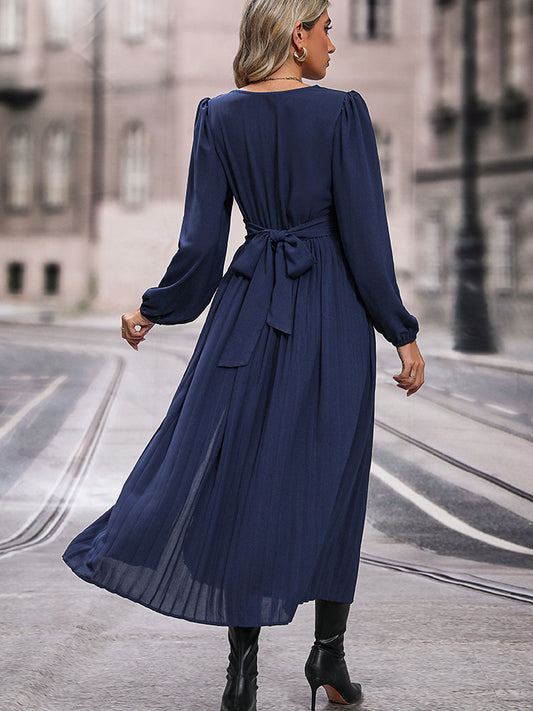 Perfee V-Neck Long Sleeve Pleated Slit Dress - Dark Blue - View 2