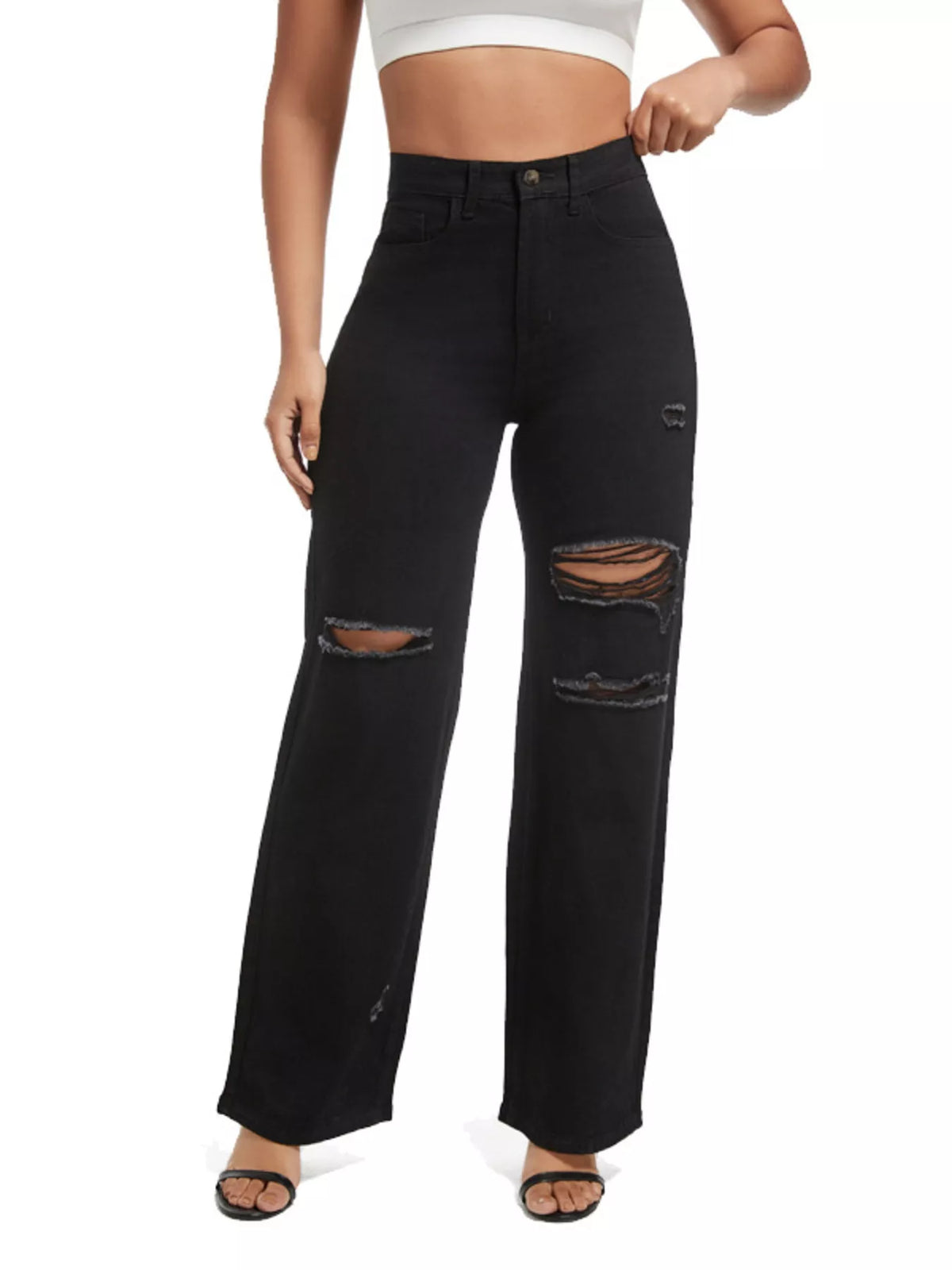 Distressed Wide-Leg Jeans - Black - View 2