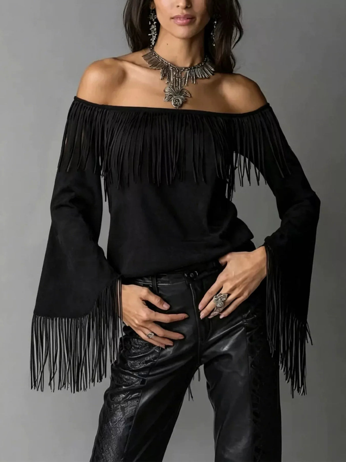 Full Size Fringed Off-Shoulder T-Shirt Plus Size - Black - View 1
