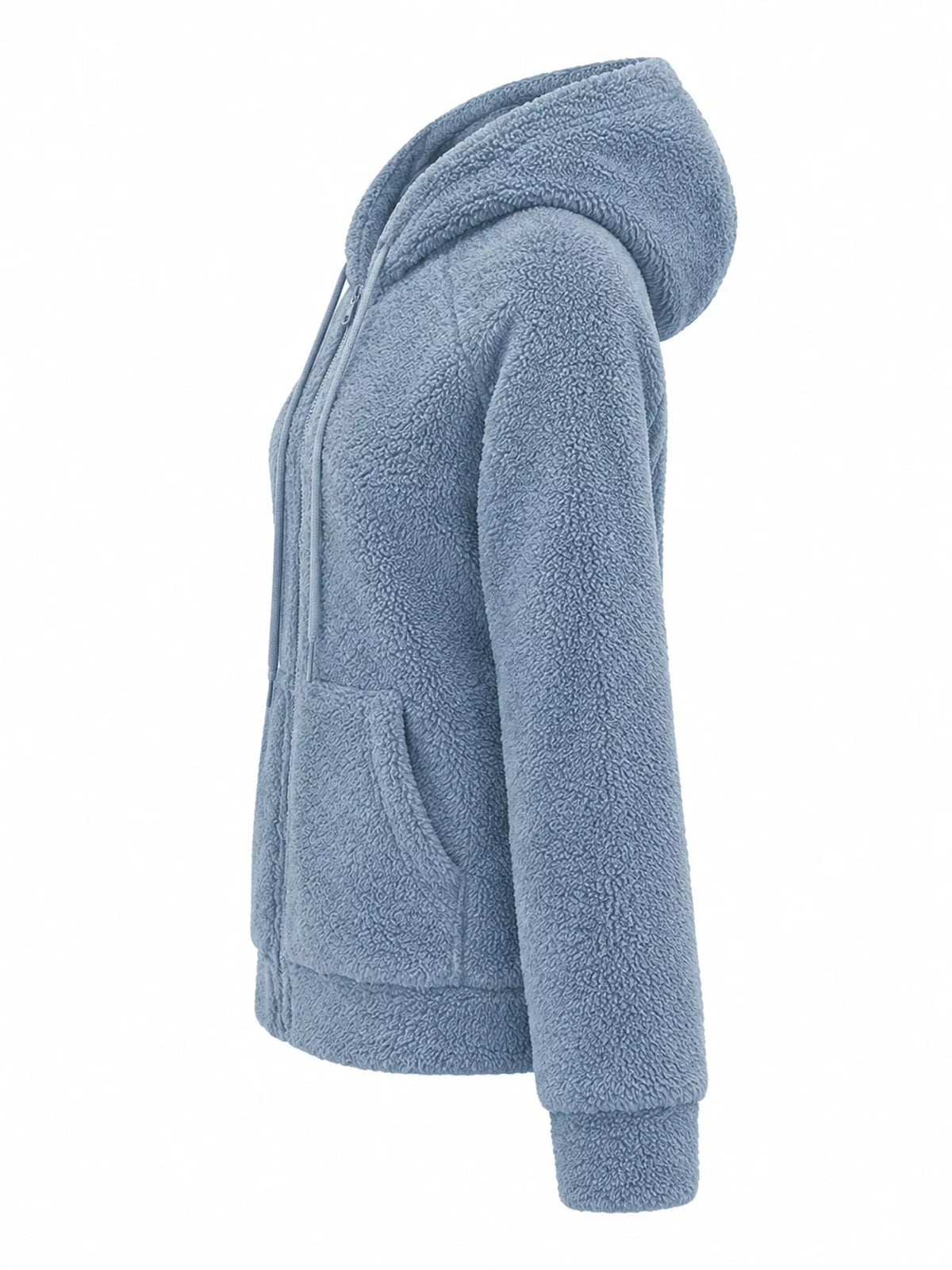Drawstring Sherpa Zip-Up Hoodie - Ocean Blue - View 2