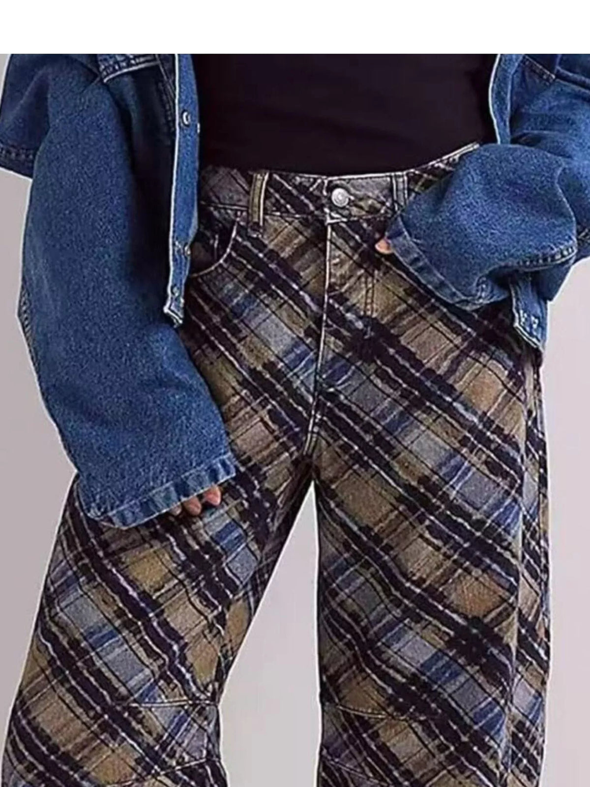 Printed Wide-Leg Jeans - Plaid - View 5