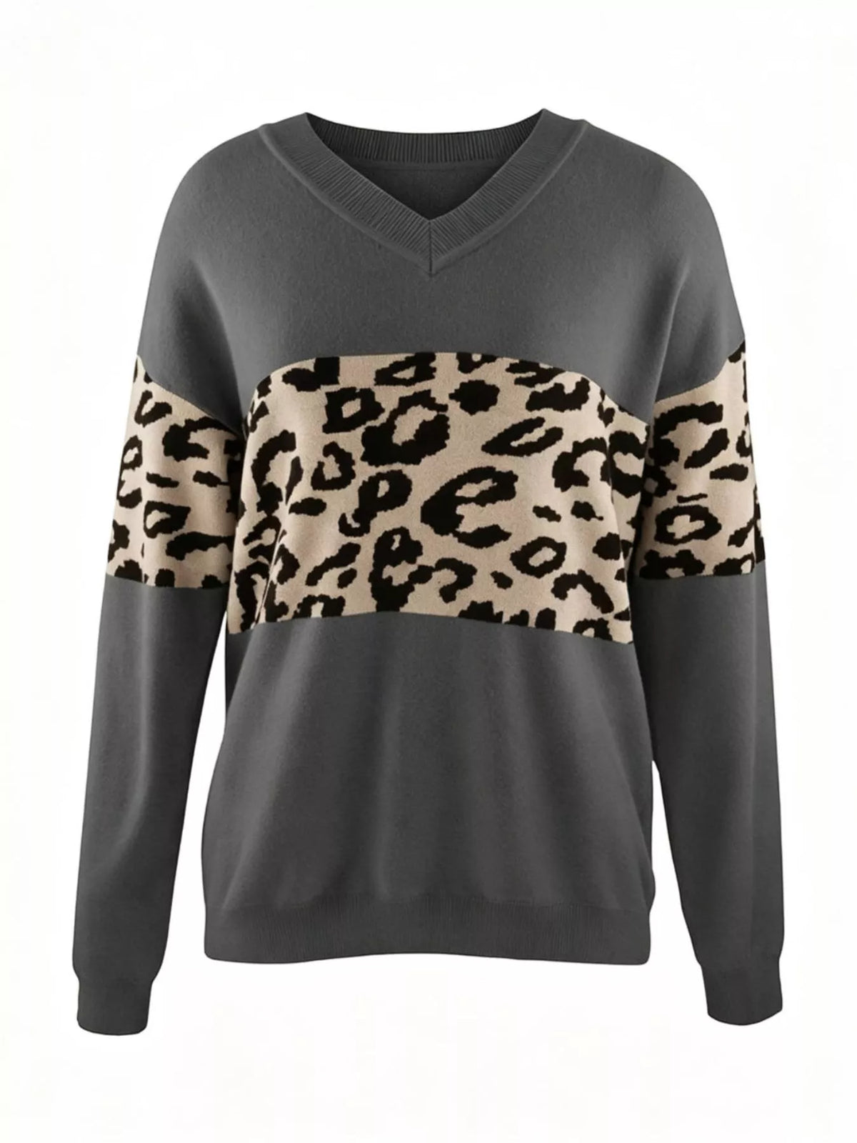Leopard V-Neck Dropped Shoulder Sweater - Dark Gray - View 1