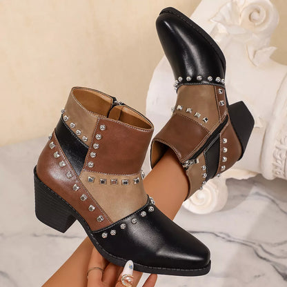 Point Toe Block Heels Boots - Black - View 3