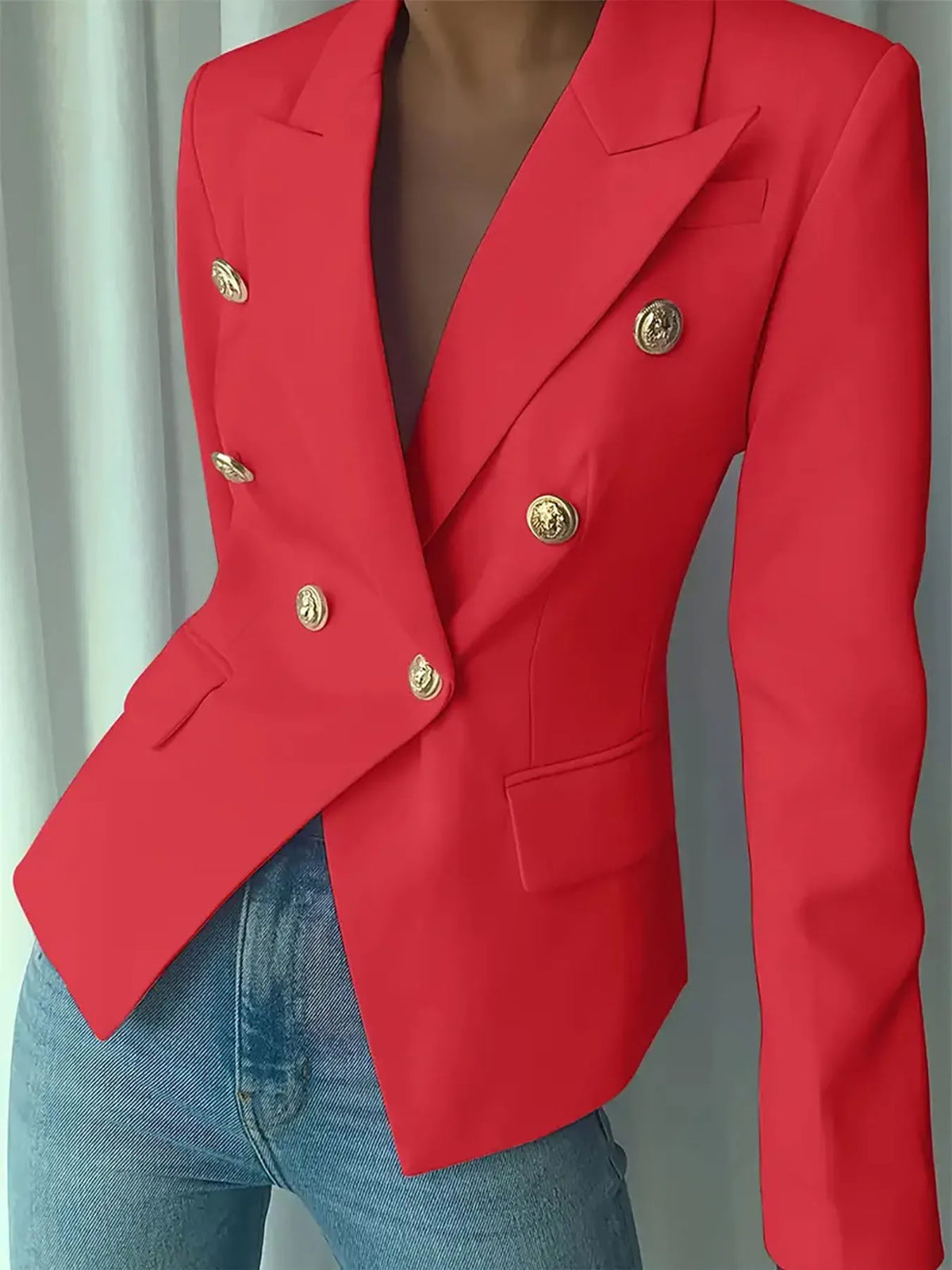 Decor Button Lapel Collar Blazer - Red - View 14