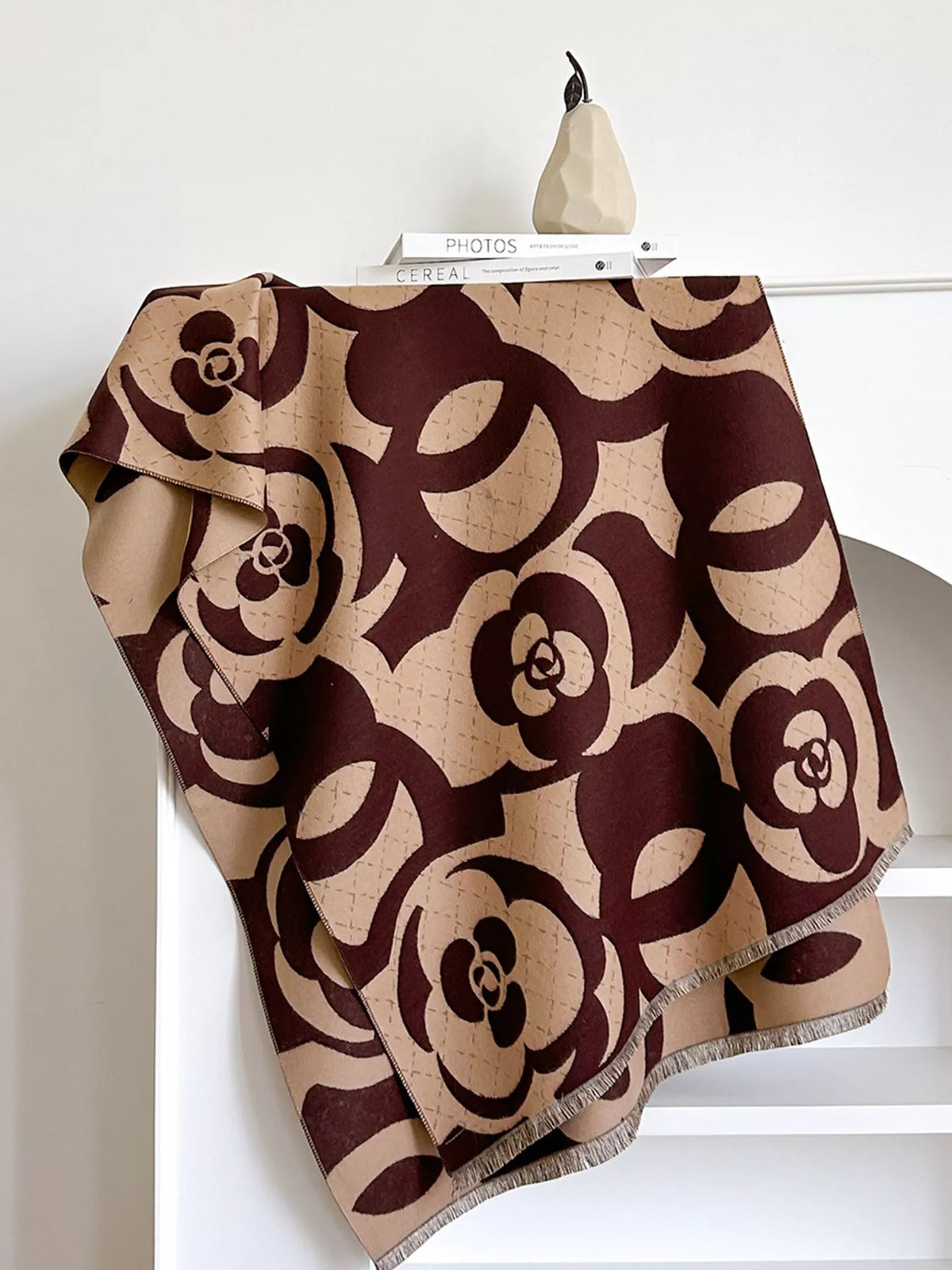 Floral Patterned Warm Scarf - Brown - View 8