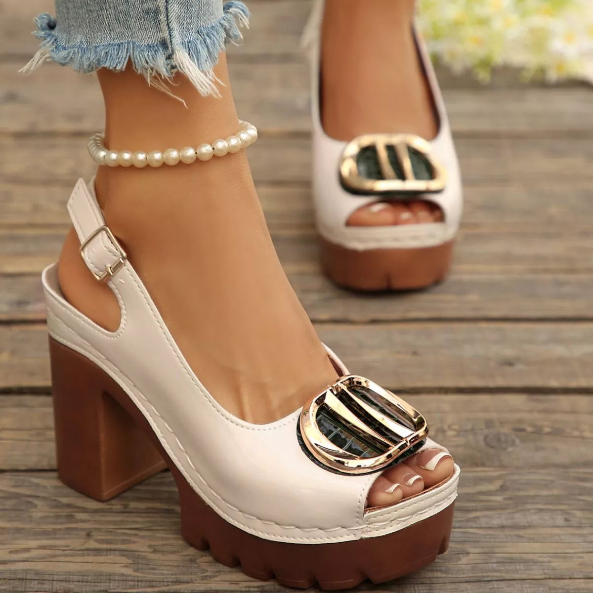Peep Toe Block Heels Sandals - Beige - View 6