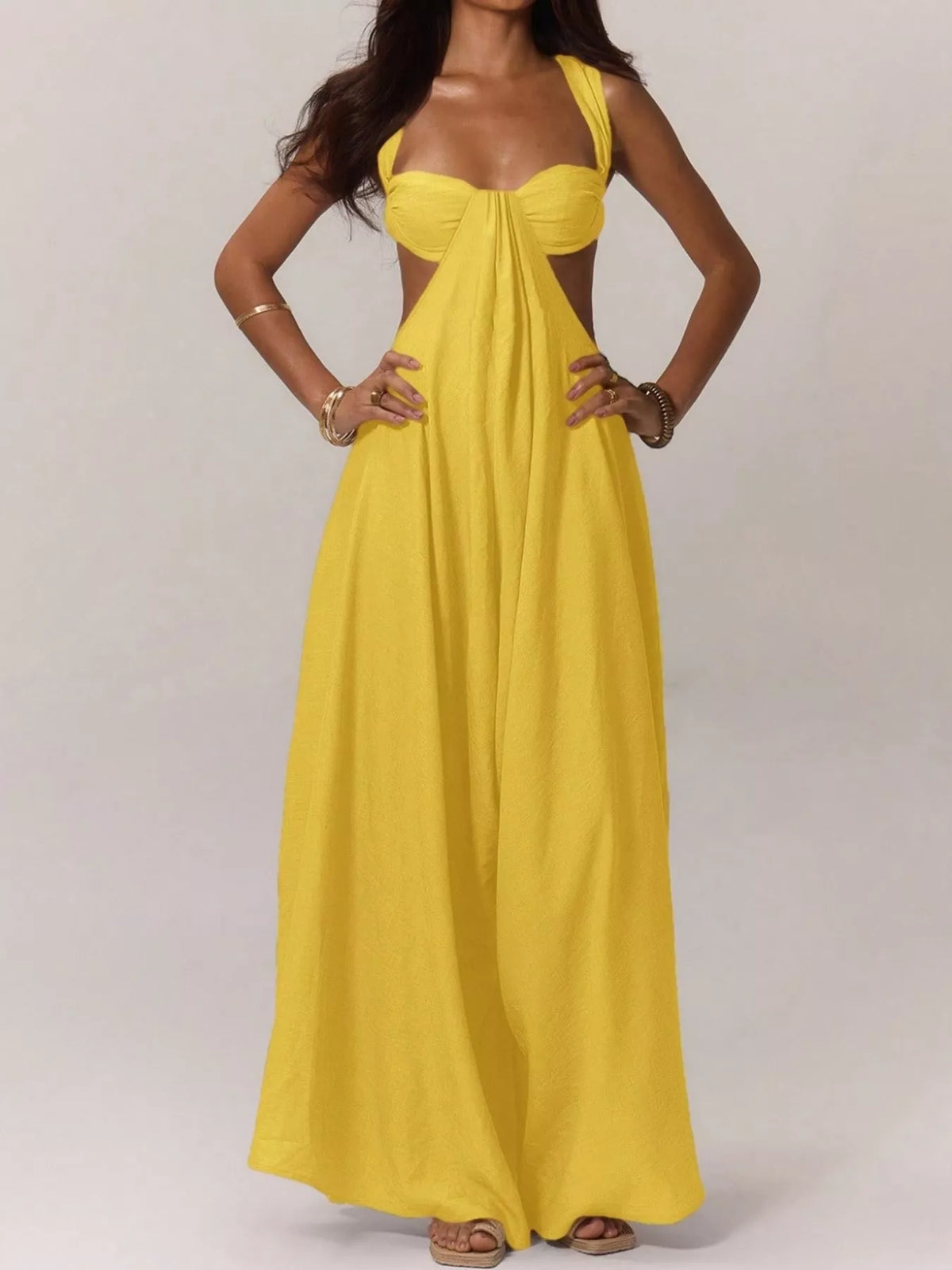 Backless Wide-Leg Jumpsuit with Cut-out Detail - Yellow - View 15