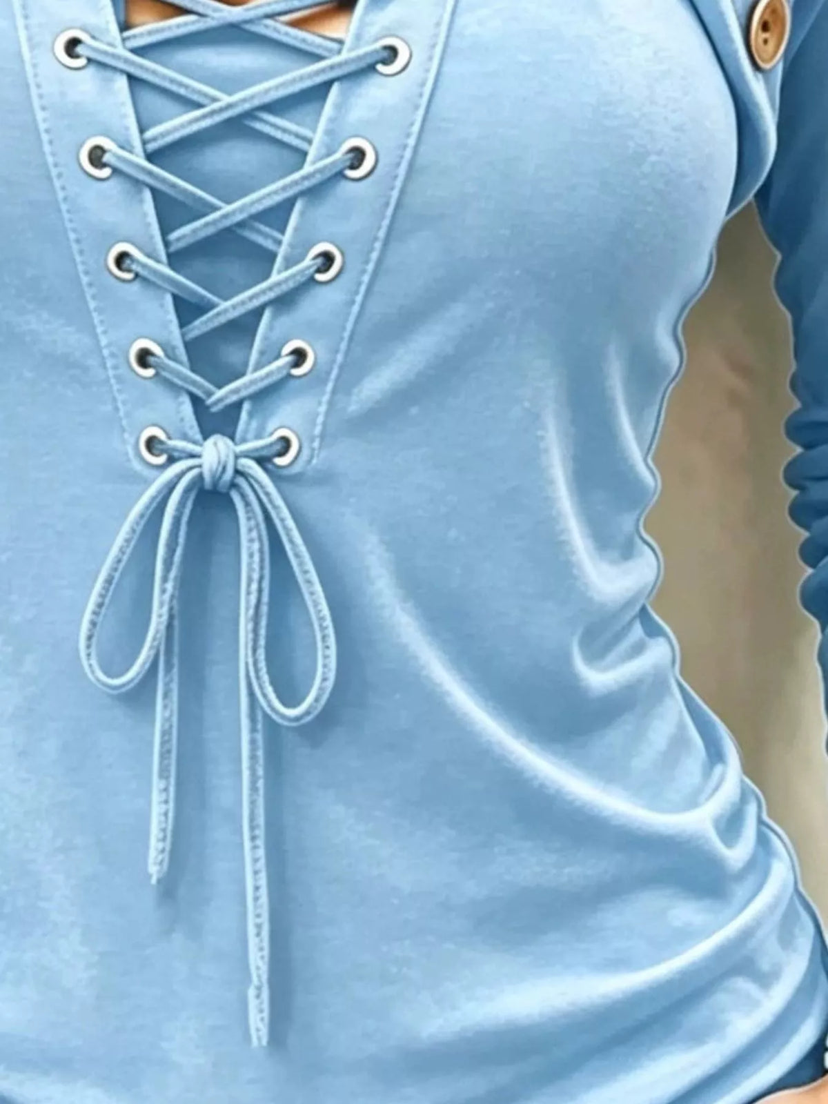 Full Size Long Sleeve Lace-Up Front Slim Fit T-Shirt Plus Size - Sky Blue - View 2