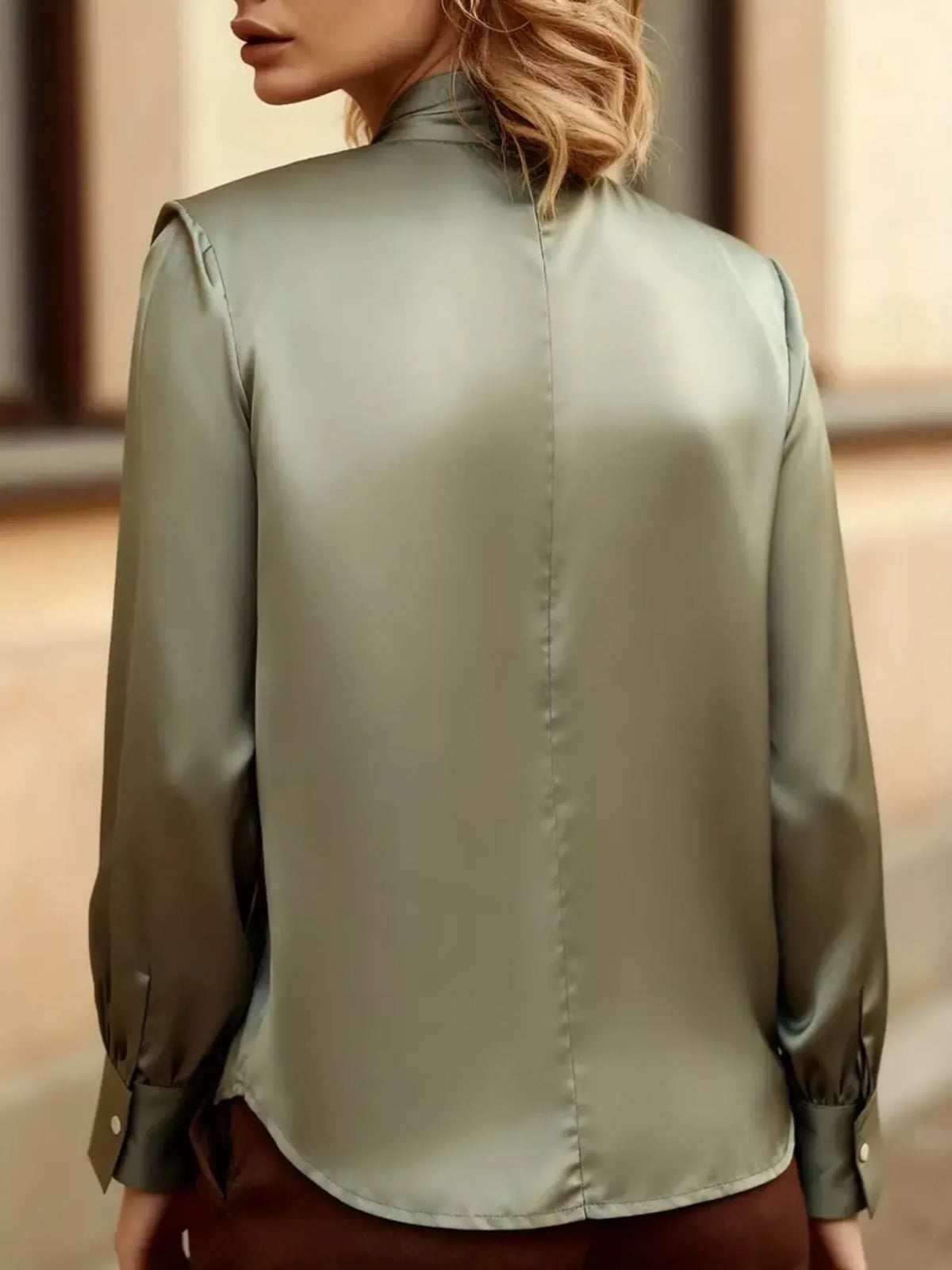Satin Cutout Front Blouse - Olive - View 3