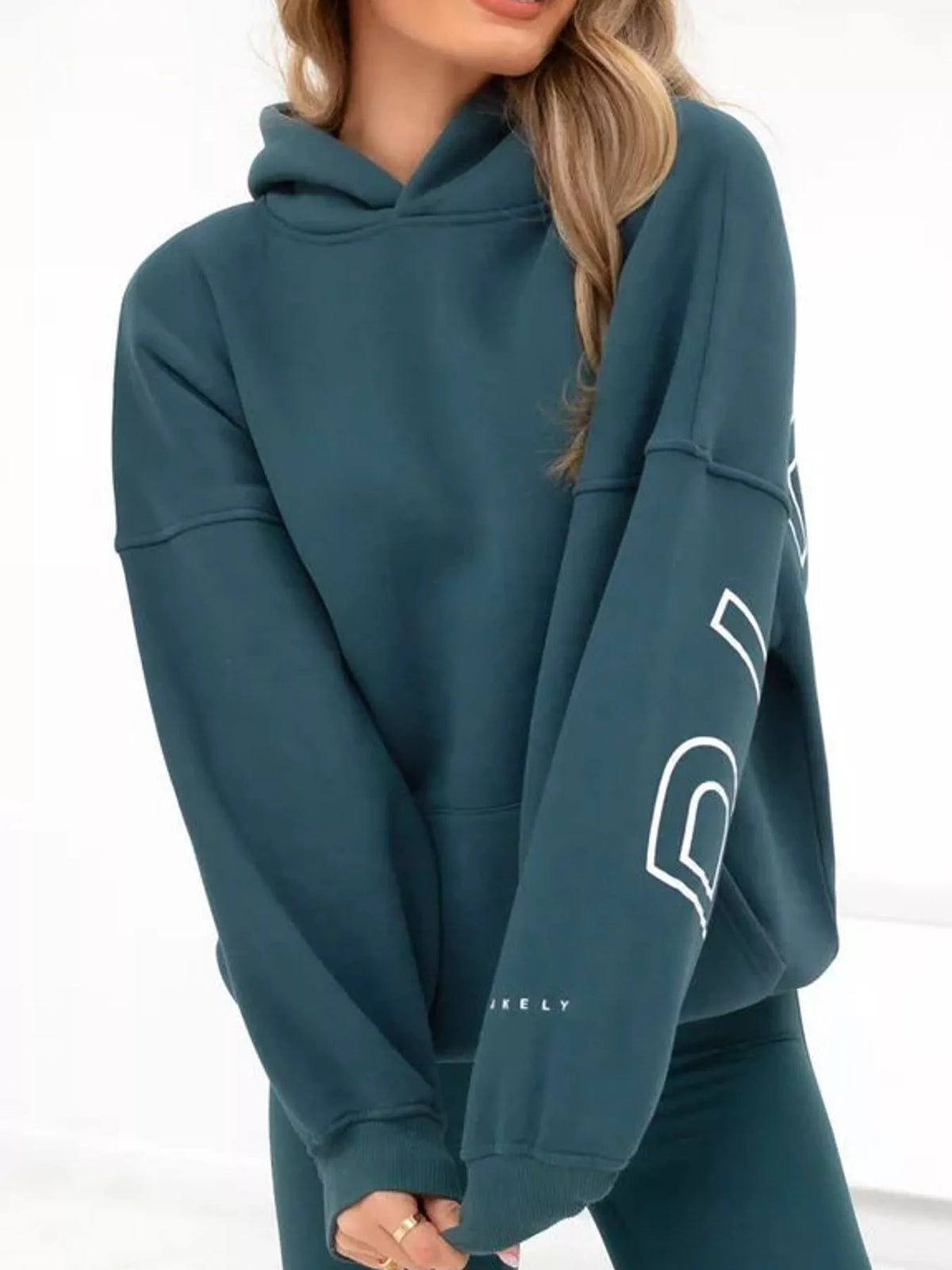 Letter Back Hoodie with Kangaroo Pocket - Dark Green - View 12