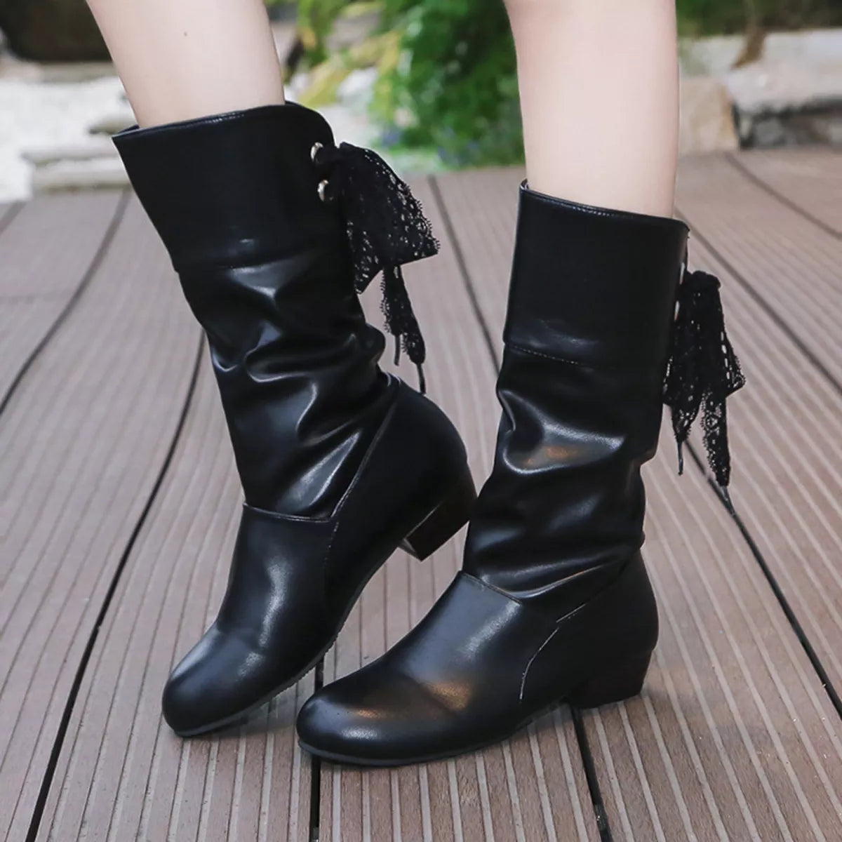Round Toe Block Heels Boots - Black - View 9