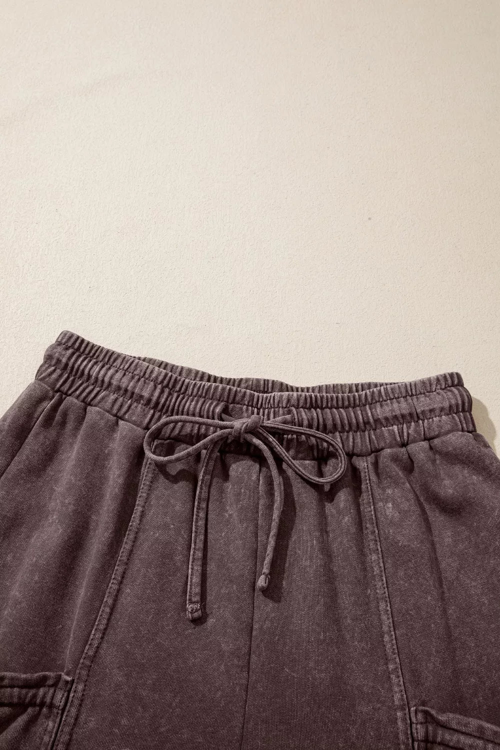 Mineral Wash Elastic Waist Drawstring Tie Detail Cargo Pants - Dark Brown - View 8