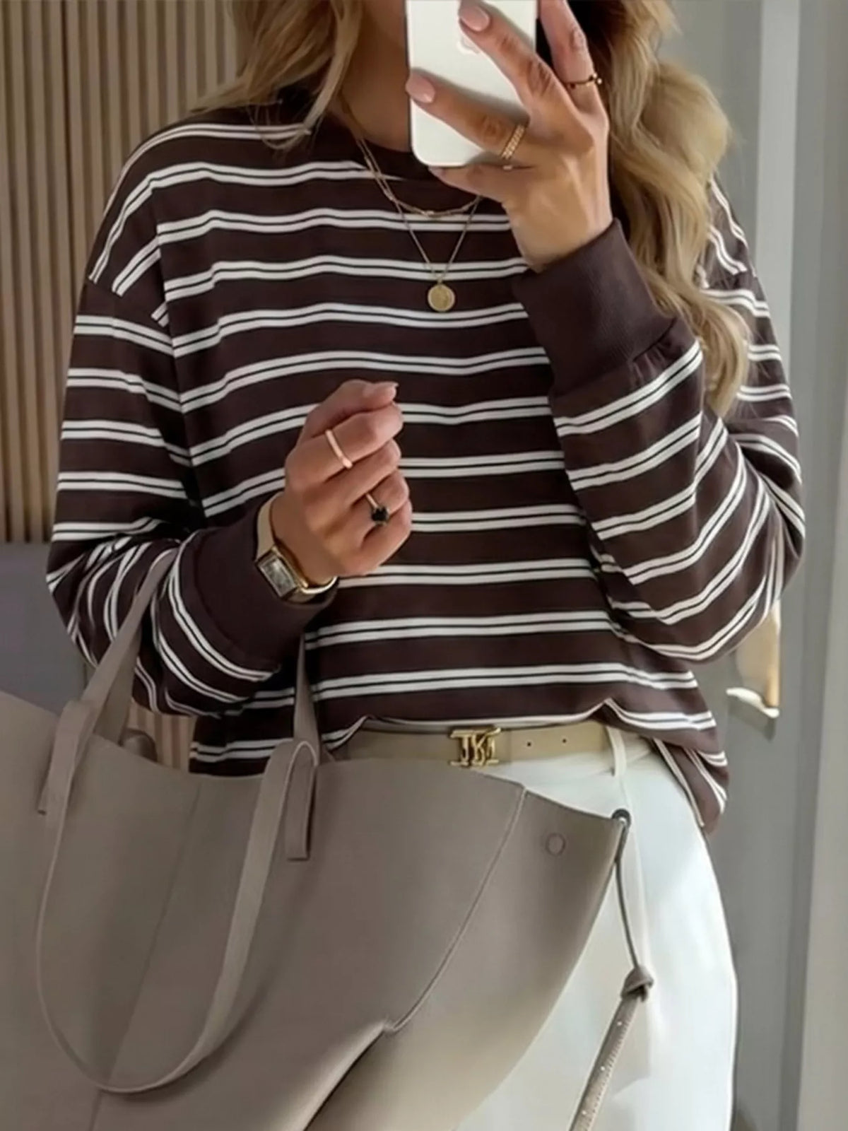 Striped Long-Sleeve Crew Neck T-Shirt - White Stripes - View 3