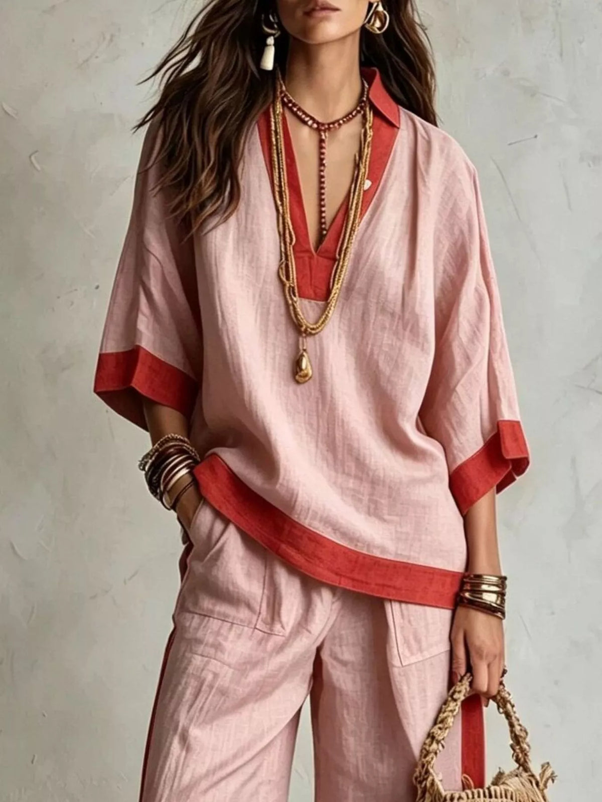 Full Size Contrast Trim Top and Wide Leg Pants Set Plus Size - Blush Pink - View 2