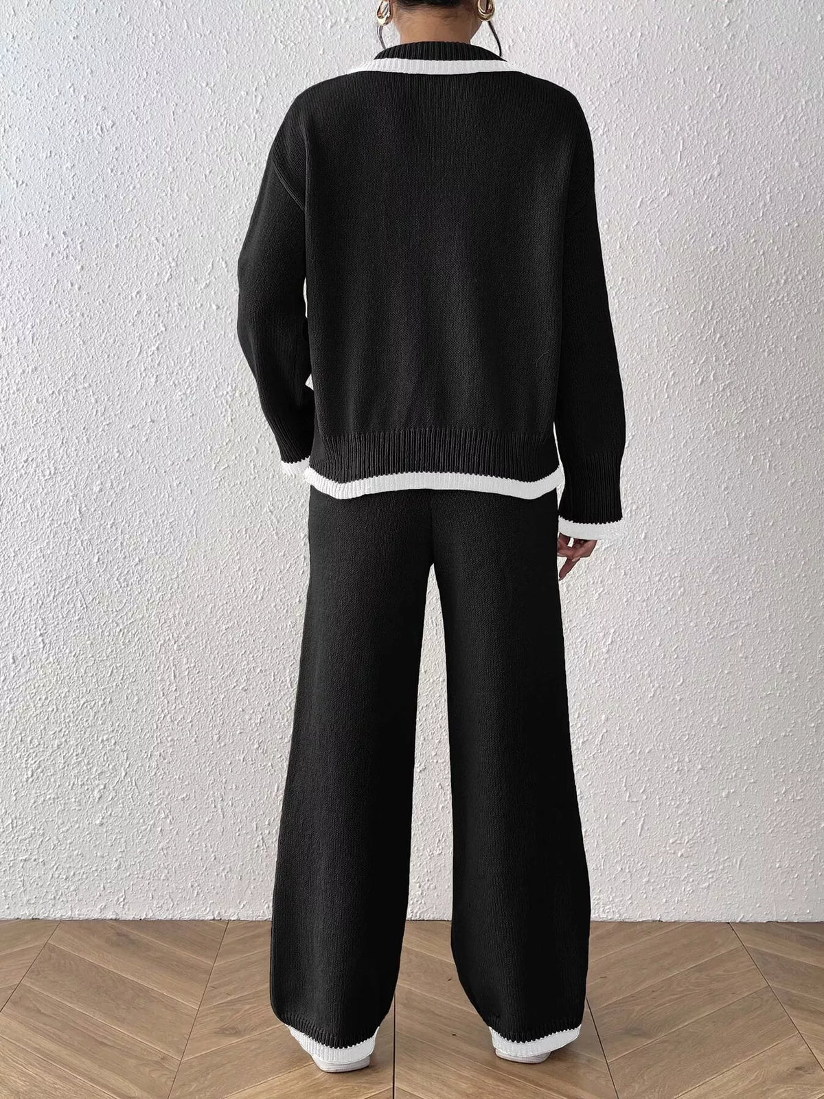 Contrast Trim Polo Collar Top and Pants Sweater Set - Black - View 5