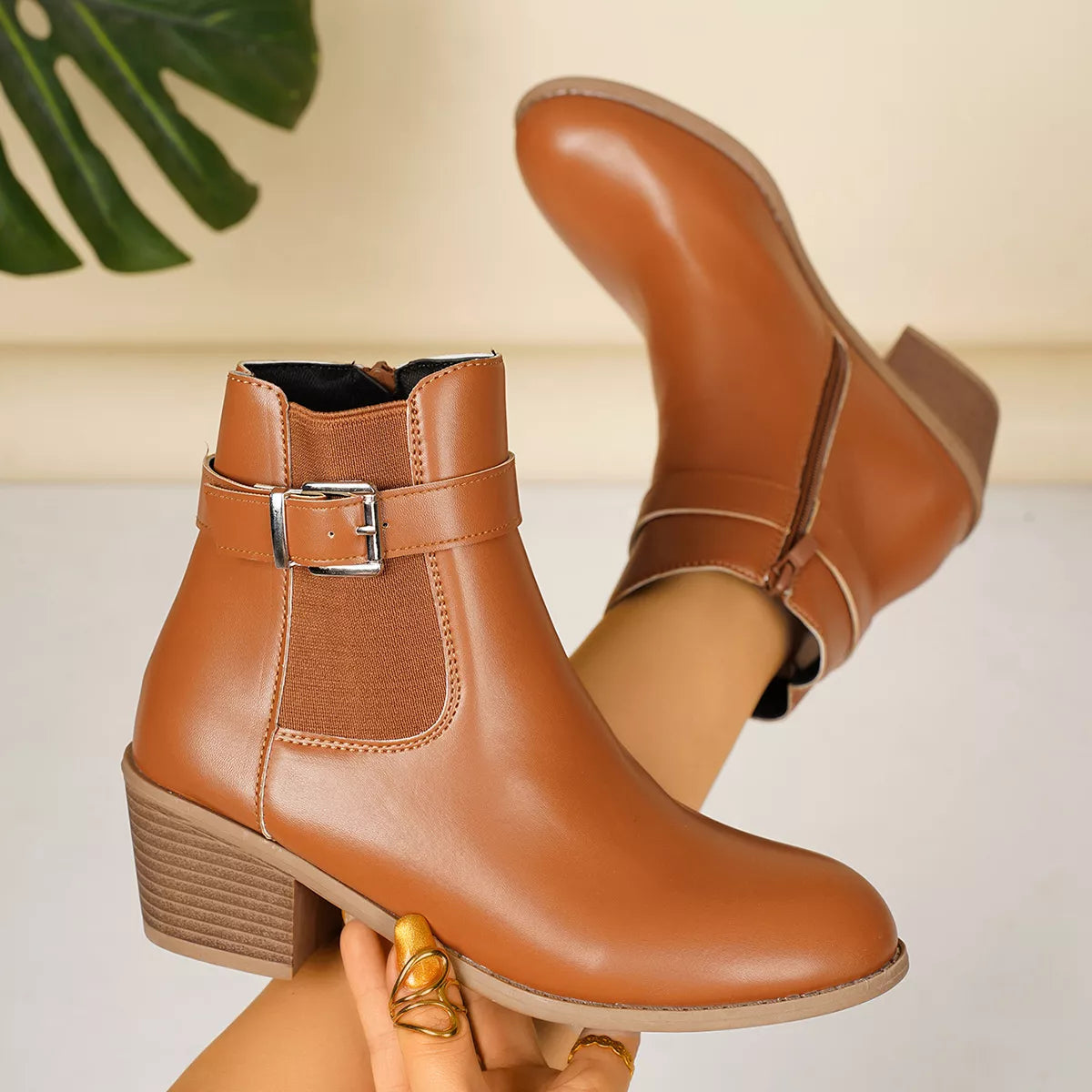 Point Toe Block Heels Boots - Dark Brown - View 4