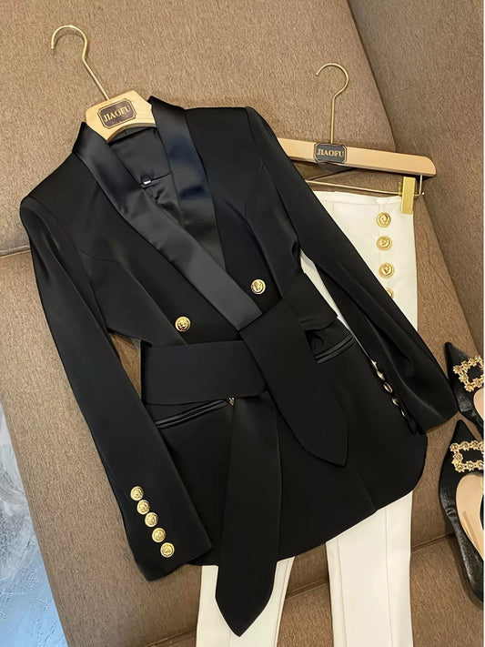 Double-Breasted Slim Fit Blazer - Black - View 1