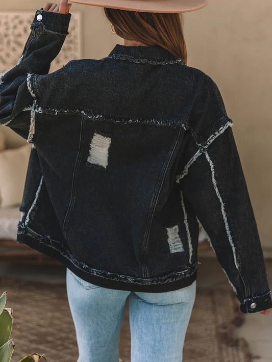 Button Up Raw Hem Distressed Denim Jacket - product photo 2