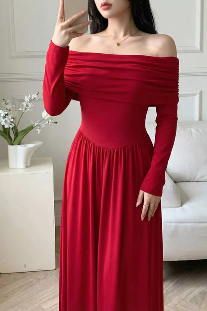 Off-Shoulder Ruched Maxi Dress - Deep Red - View 3