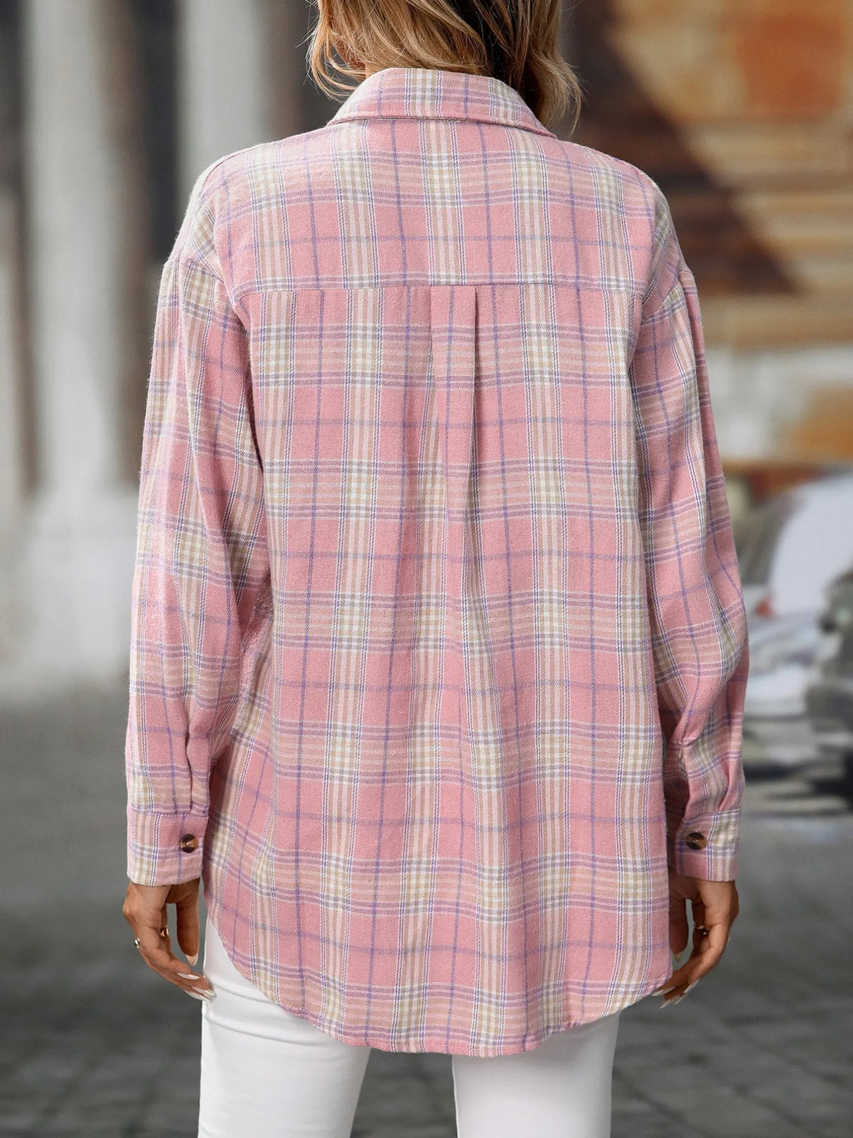Plaid Button-Down Oversized Shirt - Pink - View 20