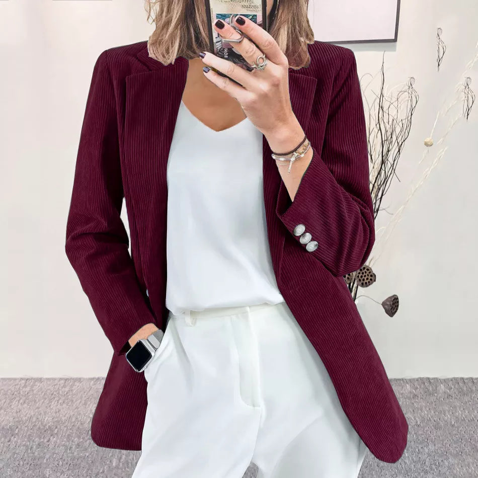 Corduroy Lapel Collar Casual Blazer - Burgundy - View 18