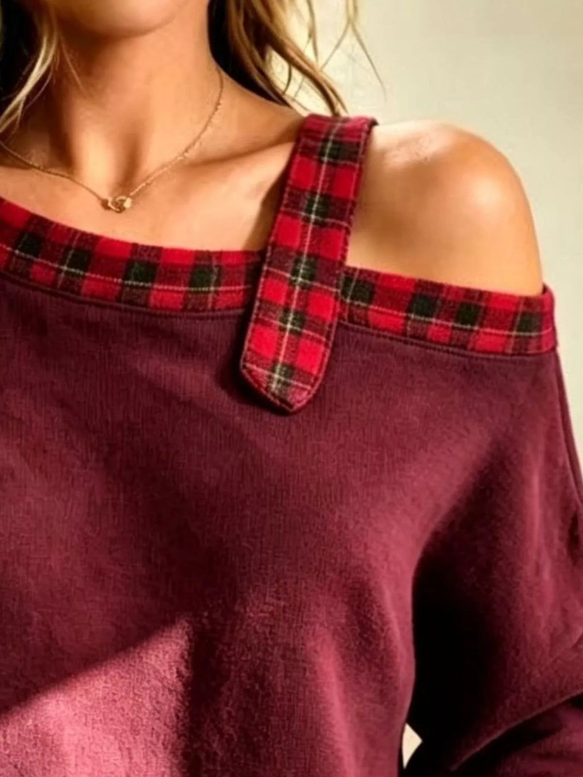 Full Size Cold-Shoulder Plaid Patchwork Long Sleeve Top Plus Size - Burgundy - View 2