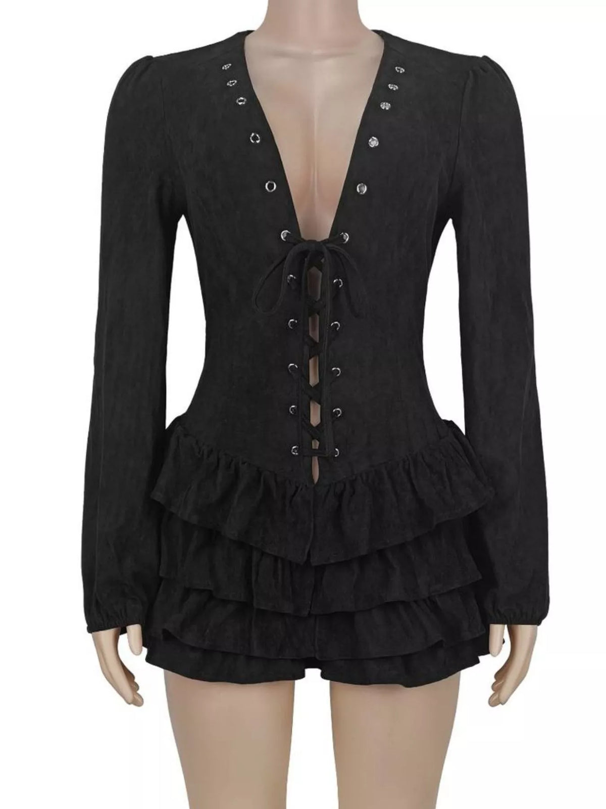Lace-Up Ruffle Hem Long Sleeve Mini Dress - Black - View 3
