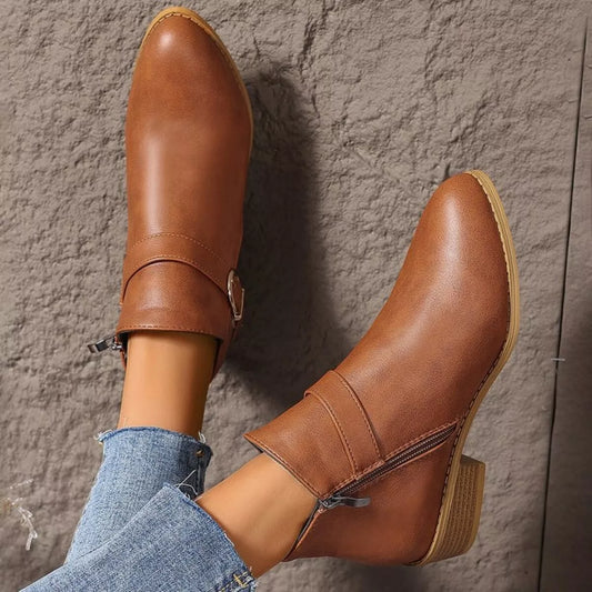 Point Toe Block Heels Boots - Light Brown - View 2