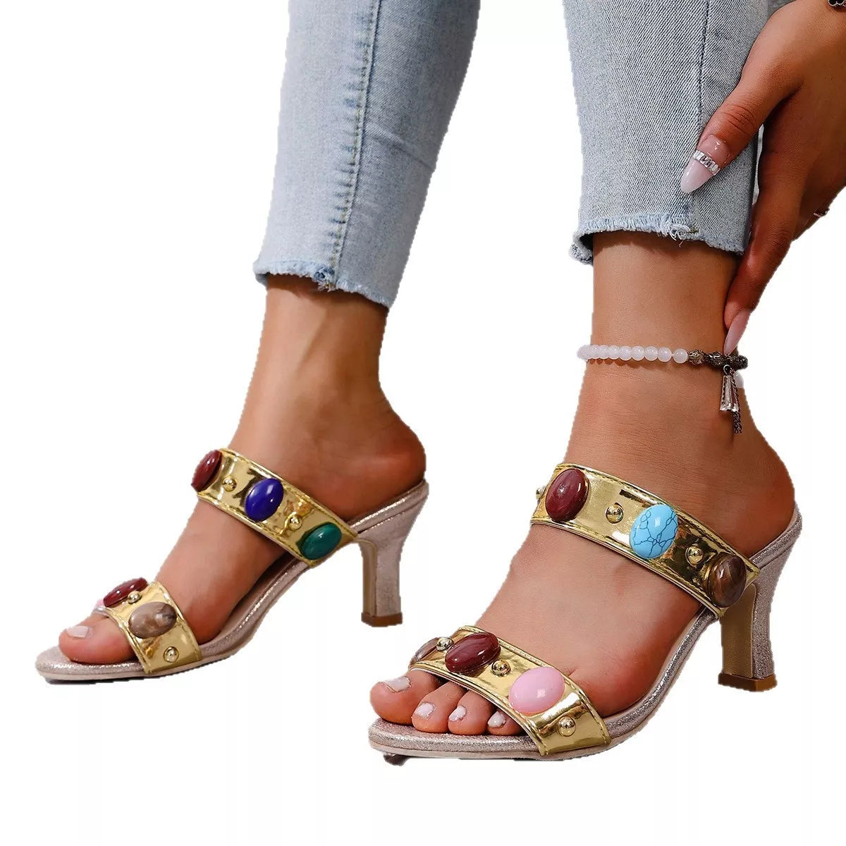 Open Toe Block Heels Sandals - Gold - View 12