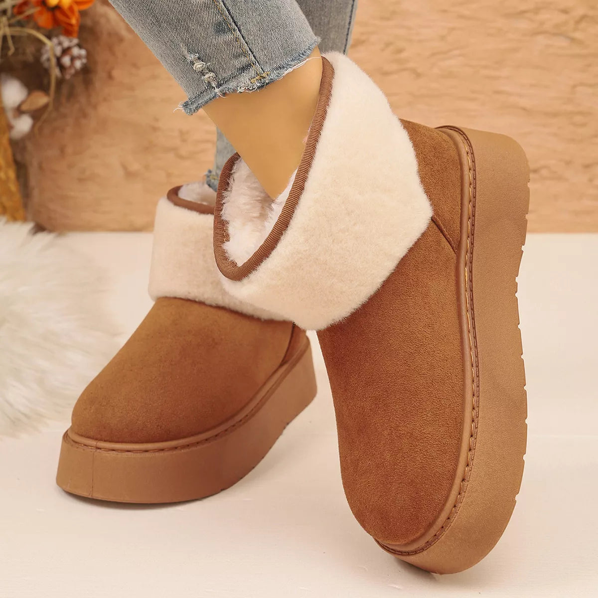 Round Toe Platform Boots - Camel - View 6