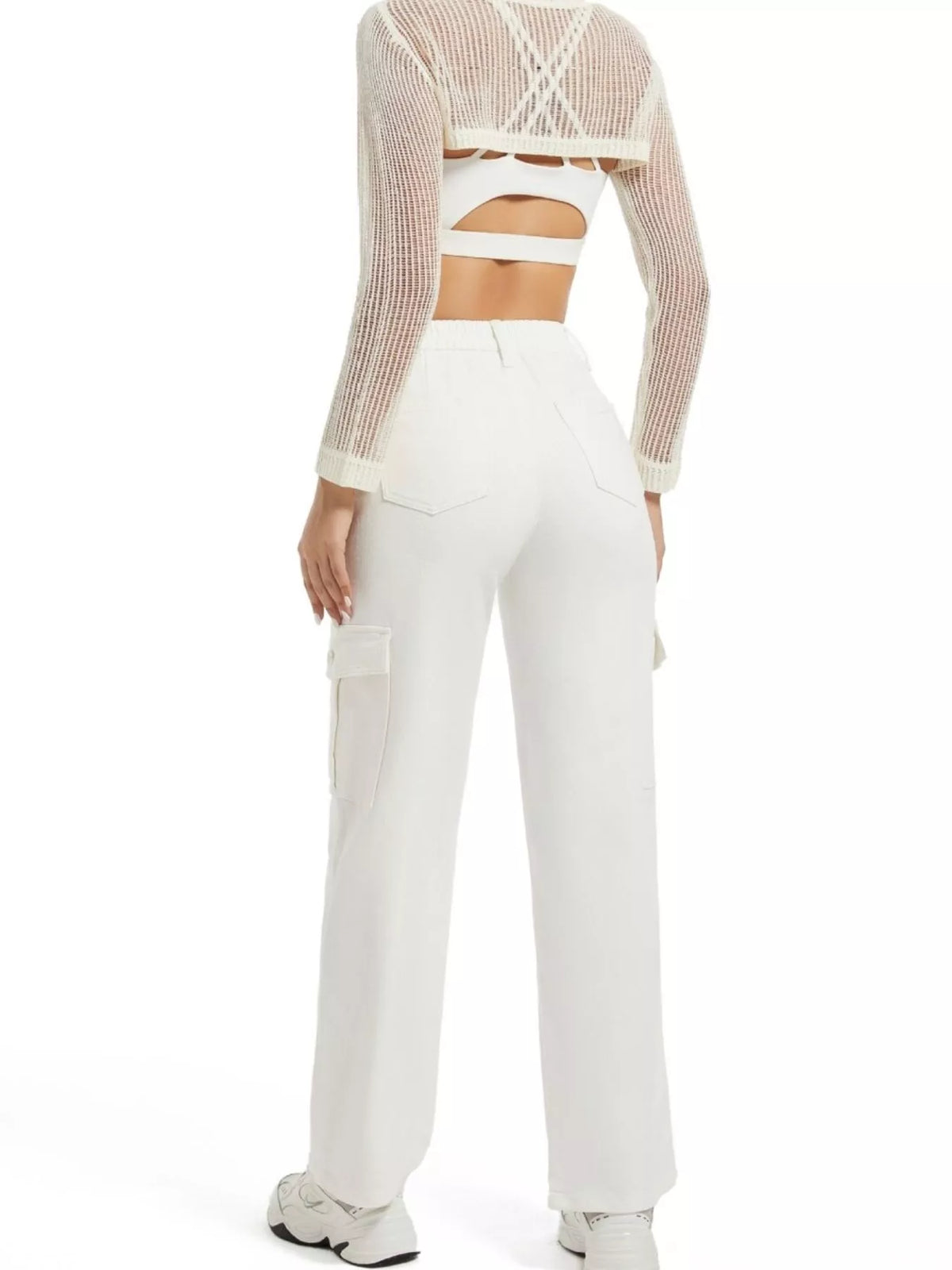 High-Waisted Cargo Jeans - White - View 3