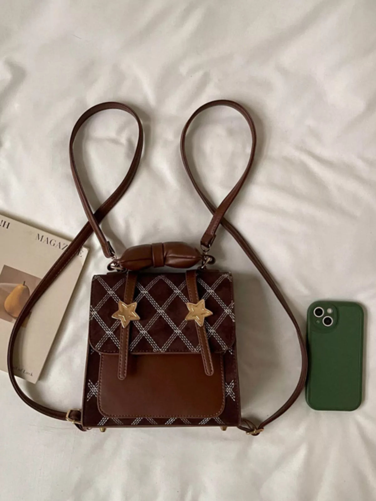 Vintage Diamond Pattern Backpack Bag - Brown - View 4