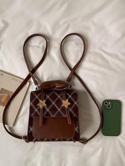 Vintage Diamond Pattern Backpack Bag - Brown - View 4