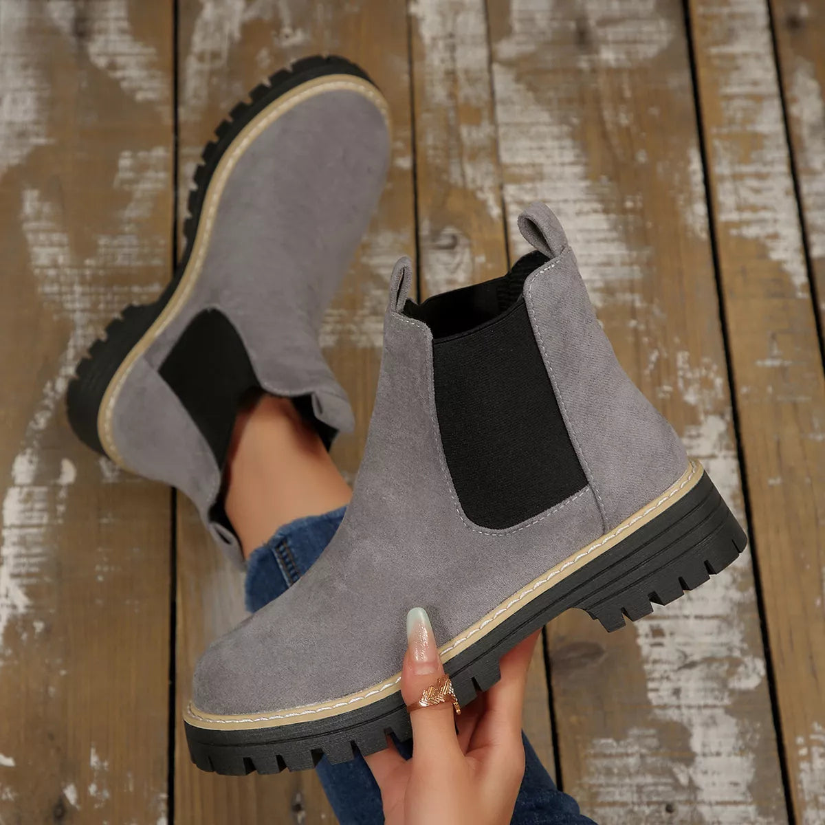 Round Toe Block Heels Boots - Gray - View 7