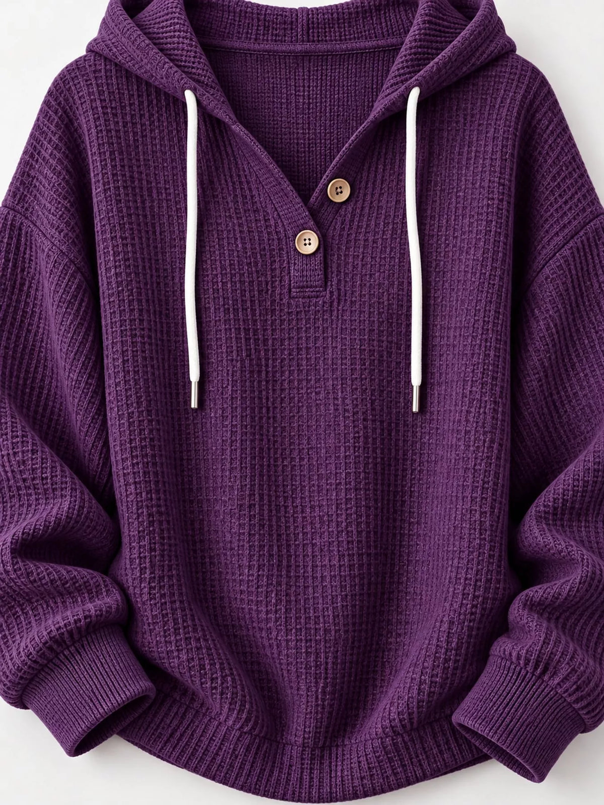 Full Size Waffle Knit Button Detail Hoodie Plus Size - Purple - View 44