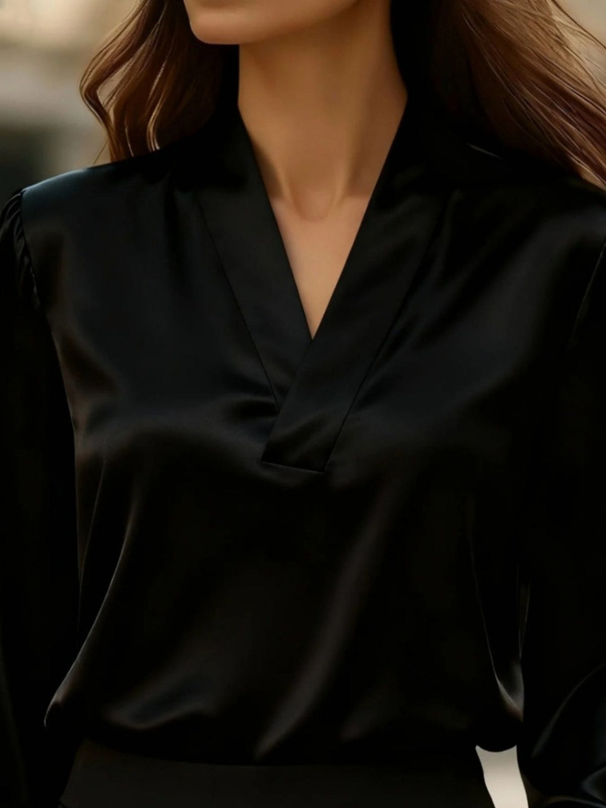 V-Neck Long Sleeve Satin Blouse - Black - View 2