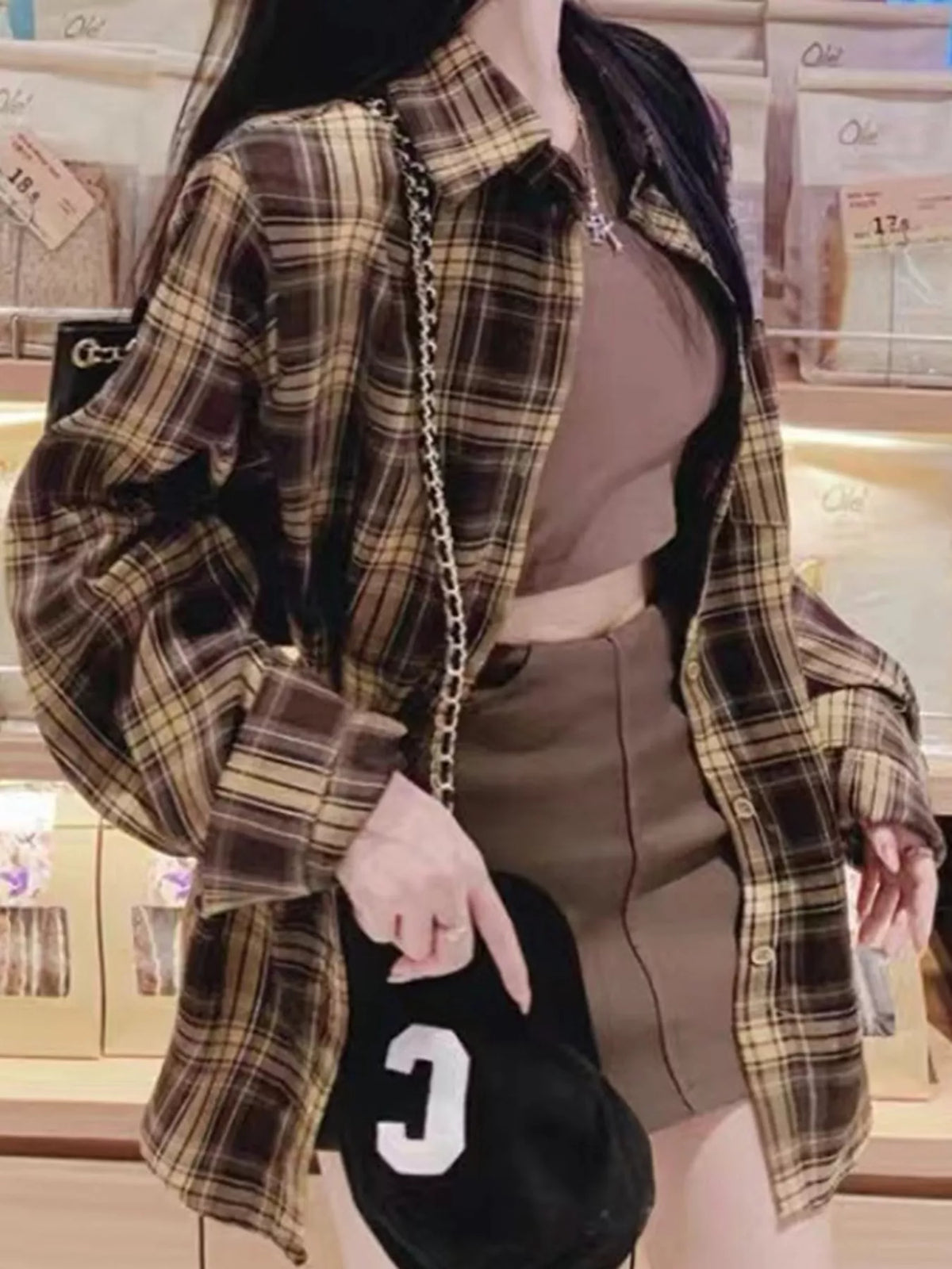 Casual Loose Fit Plaid Shirt - Brown-Plaid - View 10